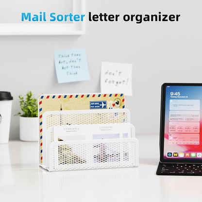 Marbrasse Mail Organizer for Desk, 3-Slot Mesh Metal Mail Holder countertop, Letter Holder, Office Desktop Envelope and Document Storage Rack (2P)