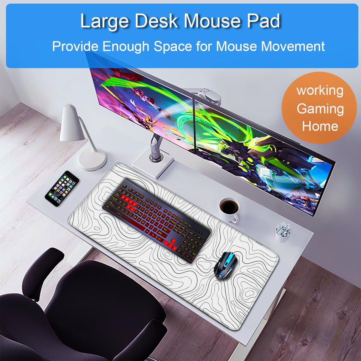 Large Gaming Mouse Pad, 31.5x15.7 inch Large Extended Computer Keyboard Mouse Mat, Water Resist Non-Slip Mousepad Rubber Base Long XXL Desk Mouse Pad for Work & Gaming, Office & Home, Black