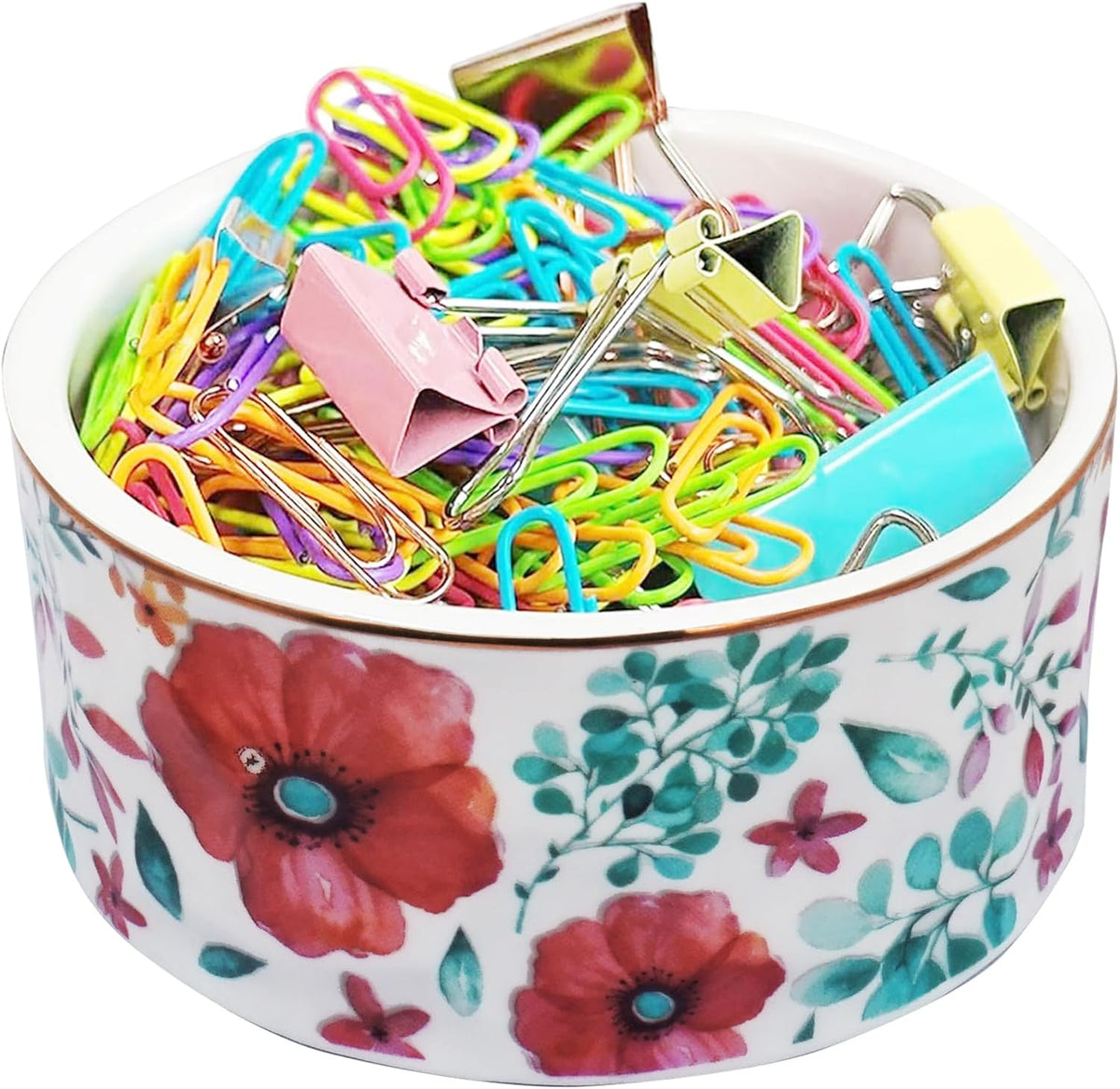 Paper Clip Holder Ceramic Paper Clip Holders Floral Paperclips Holder Dispenser Cute Gold Line Paper Clip Organizer for Desk Binder Clip Holder Bobby Pin Hair Clip Holder Gift for Office Pink Flowers