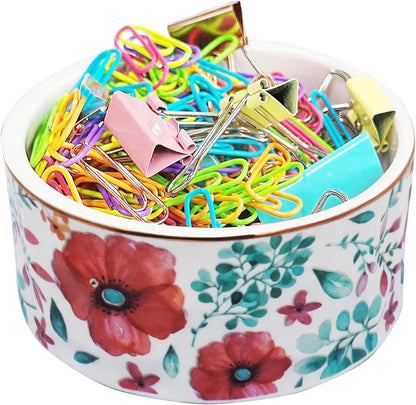 Paper Clip Holder Ceramic Paper Clip Holders Floral Paperclips Holder Dispenser Cute Gold Line Paper Clip Organizer for Desk Binder Clip Holder Bobby Pin Hair Clip Holder Gift for Office Pink Flowers