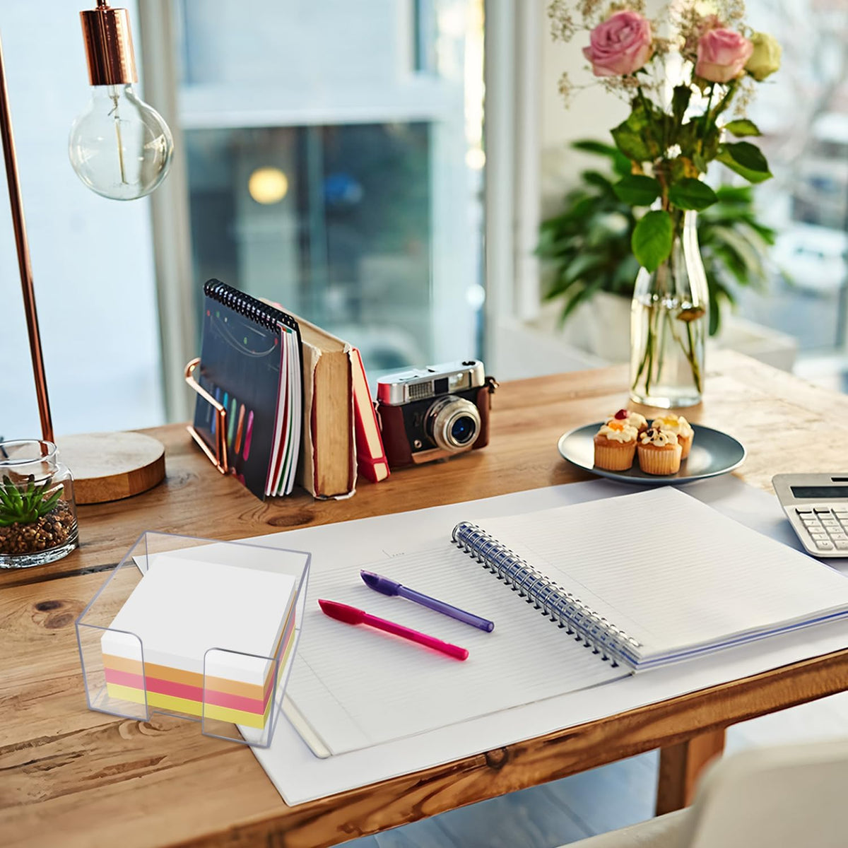 Acrylic Sticky Note Holder, Clear Acrylic Notepad Holder for 3" x 3" Sticky Note Storage, with 200 Sheets Self-Stick Sticky Notes, for Office and Classroom Desk Organization
