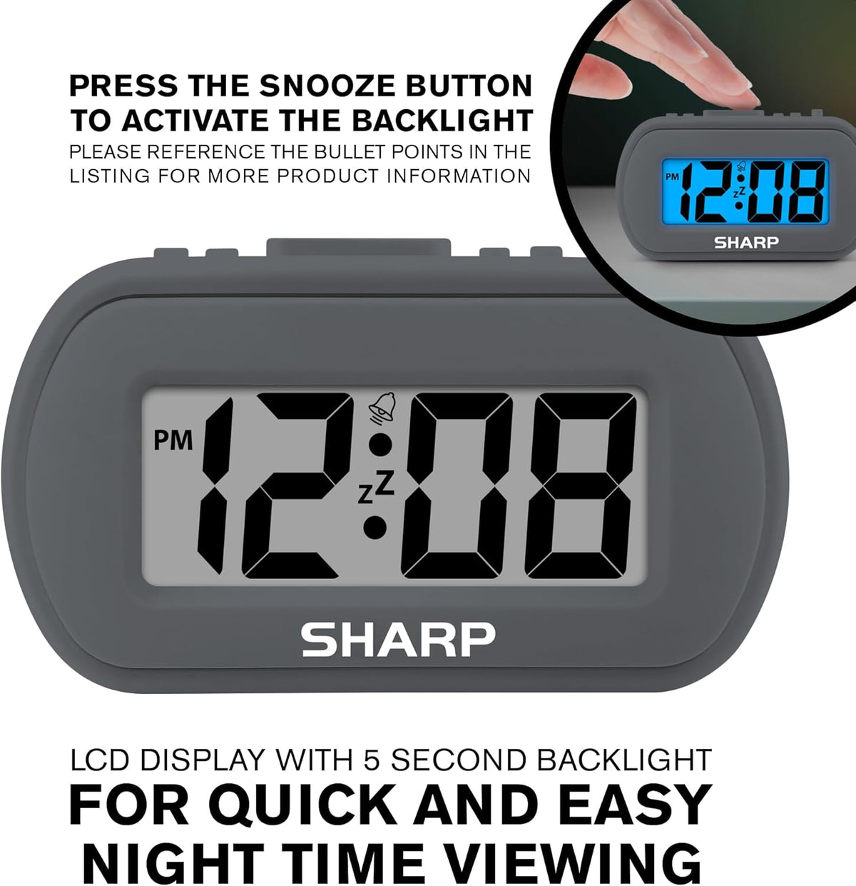 Sharp Digital Alarm Clock – Tactile Plastic Case with Soft Rubberized Finish - Battery Operated – Blue Backlight on Demand – Ascending Alarm – Easy to Use – Charcoal Black