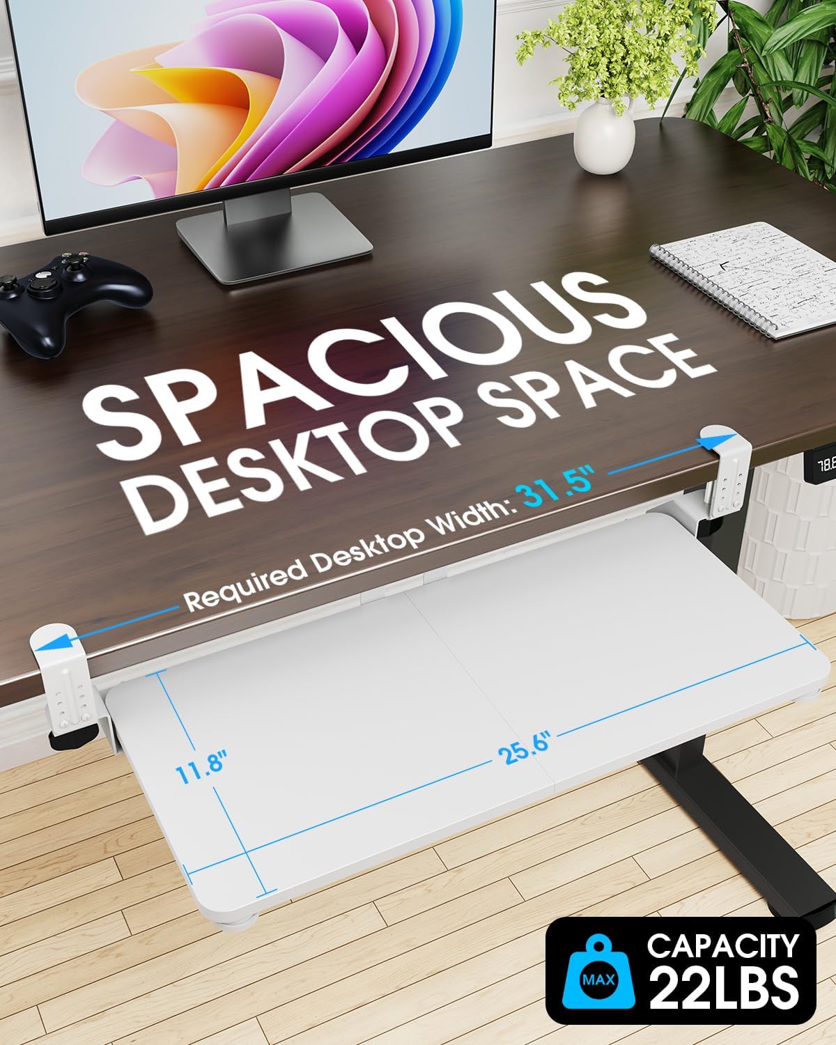 Small Keyboard Tray Under Desk, Pull Out Keyboard & Mouse Tray with Adjustable C-clamp, 20(25.9 Including Clamps) x 11.8 Inch Slide Out Computer Keyboard Drawer Mouse Tray for Typing, Walnut