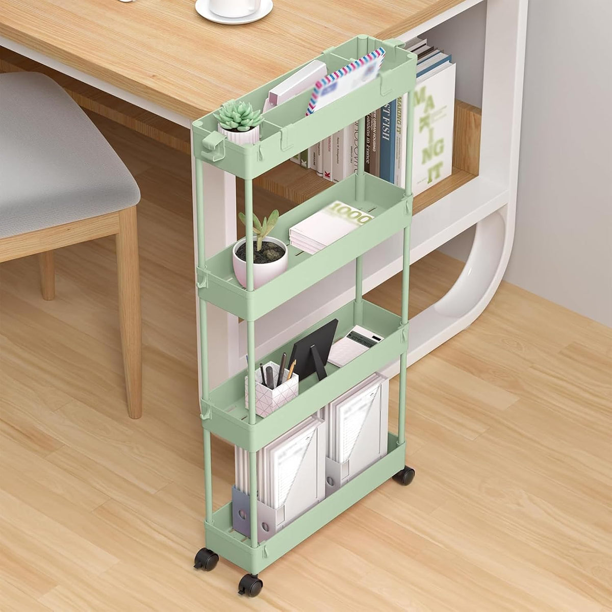 SPACELEAD Slim Storage Cart 4 Tier,Bathroom Organizer Rolling Utility, Mobile Shelving Unit Slide Out for Office, Kitchen, Laundry Room & Narrow Places,White