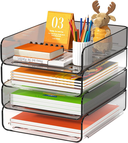 FANXIYQ 4-Tier Acrylic Paper Tray Organizer, Clear Stackable Desk File Organizer for Documents, Files, Letters, A4 Paper, Books, Notes, Mail & Paper Storage, Office Classroom Home