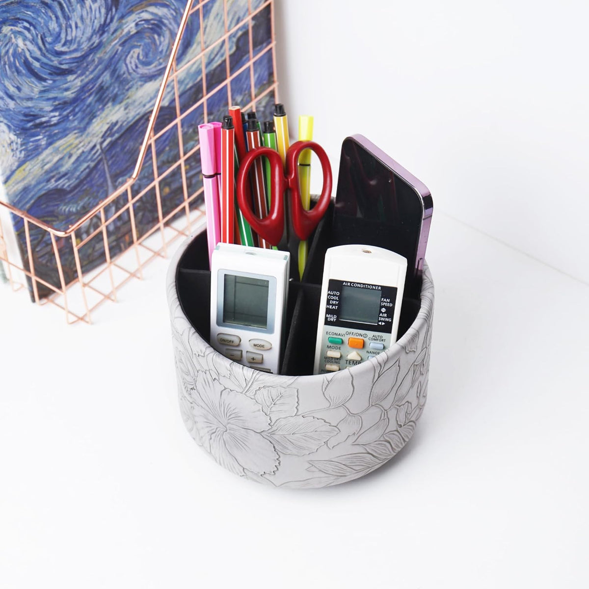 Round Leather Art Supply Organizer,Remote Control Holder,360 Degree Rotating,Multi-Functional Pencil Holder,4 Compartments Desktop Stationary Organizer(1-Blue Bird) - Colors C