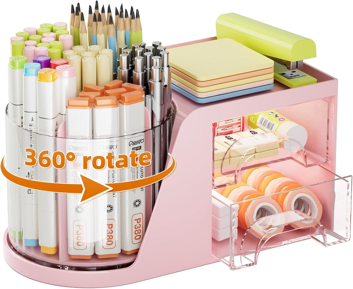 Marbrasse Desk Organizer with 2 Drawer, 360°Rotating Pen Holder, Desk Organizers and Accessories with 6 Slots Pencil Organizer + 2 Drawer, Art Supply Storage Box Caddy for Office (White)