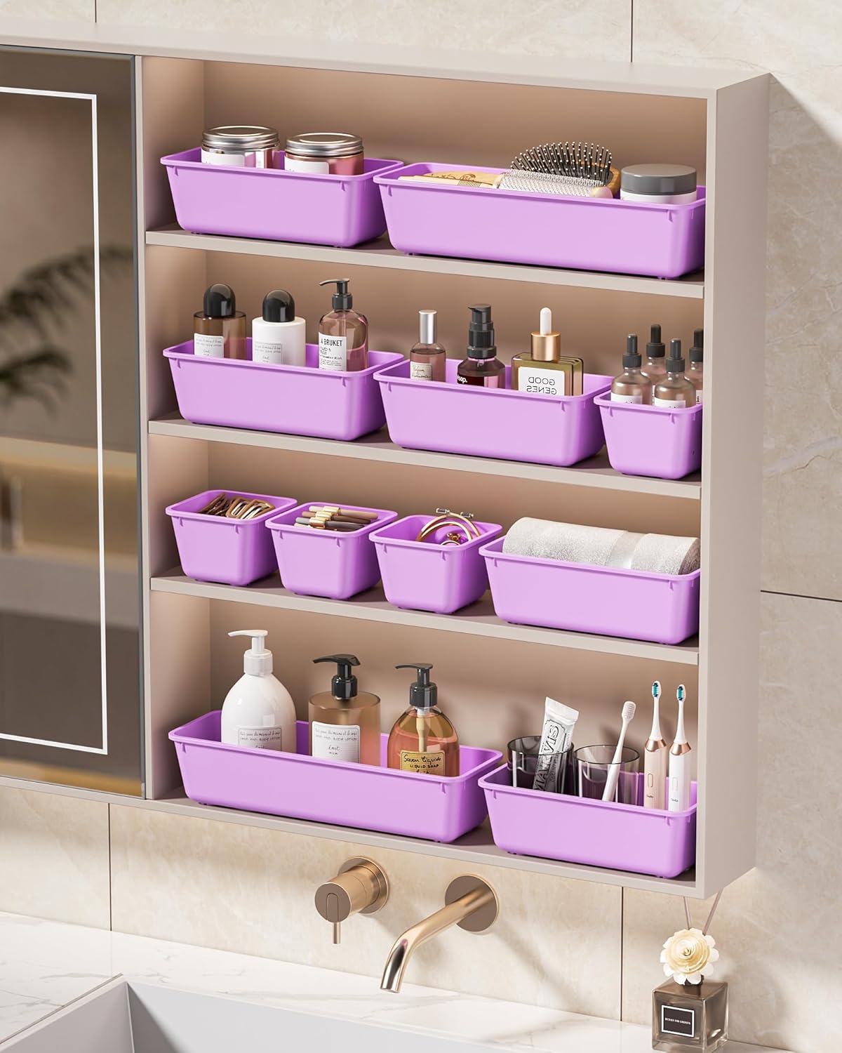 KEMETHY 25 PCS Plastic Drawer Organizers Set, 4 Sizes Vanity Organizer, Makeup and Desk Drawer Organizer Trays, Organization and Storage for Makeup, Bathroom, Kitchen Utensils and Office (Black)