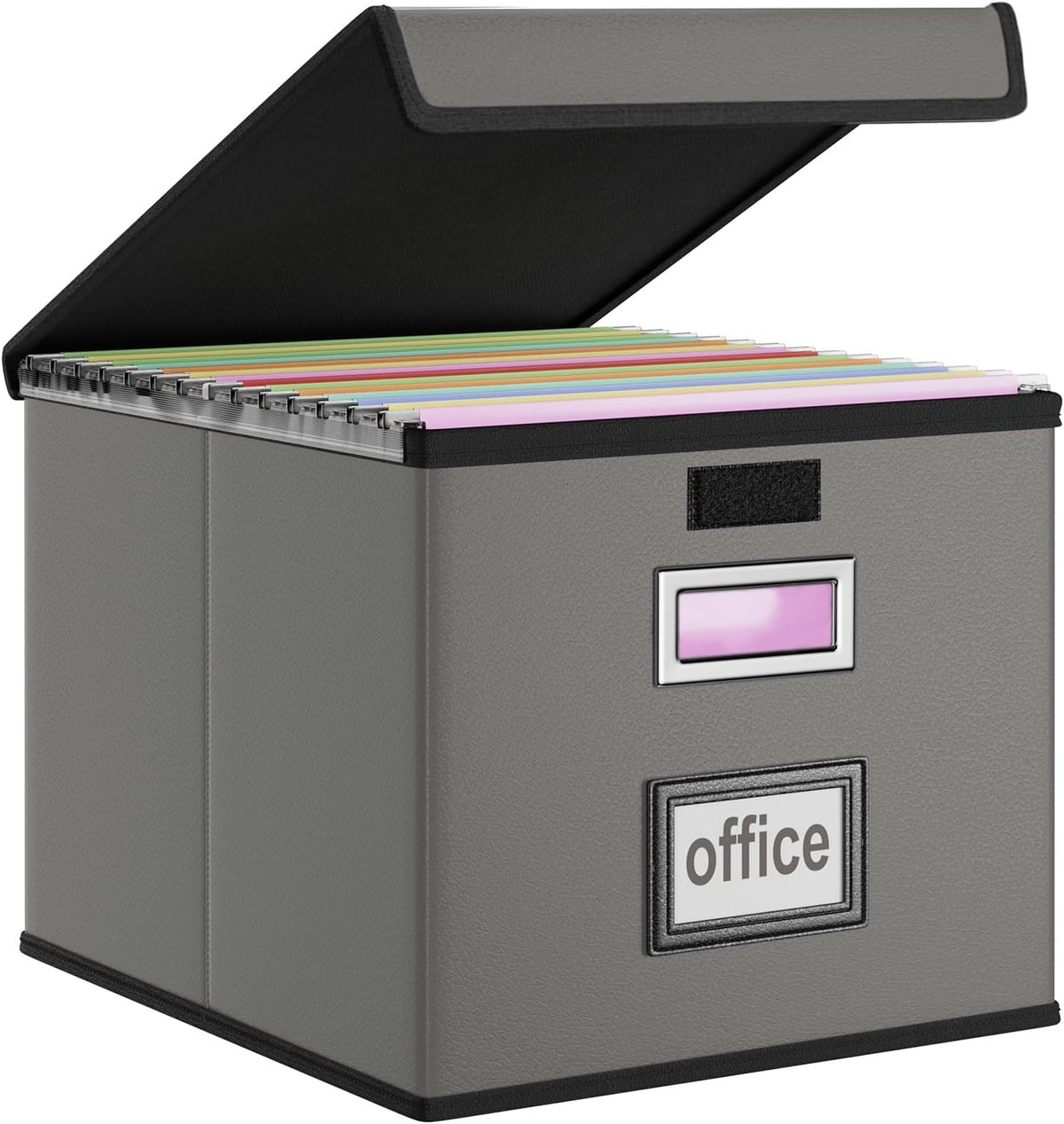 Upgraded Portable File Organizer Box with Lid, Collapsible Linen Hanging Filing Storage Boxes with Plastic Slides, Decorative Home/Office Filing System Box for File and Folders Storage (Gray)