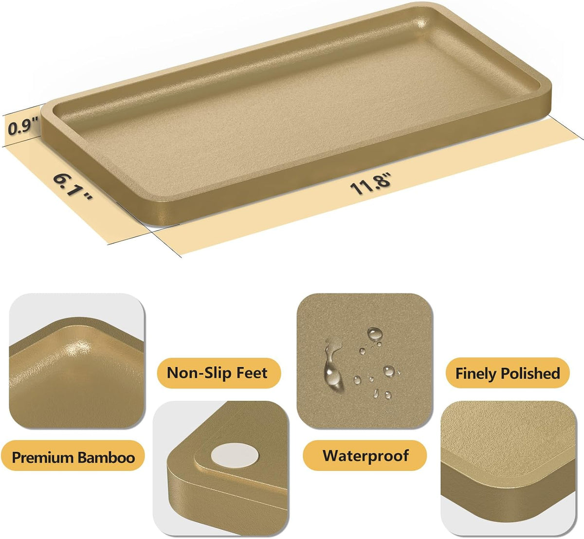 Small Bathroom Vanity Tray for Countertop Makeup Perfume Jewelry Decor Candle Keys, Small Black Kitchen Tray for Soap Dispenser Spice Bamboo Toilet Tray 7.9" L x 4" W x 0.79" H
