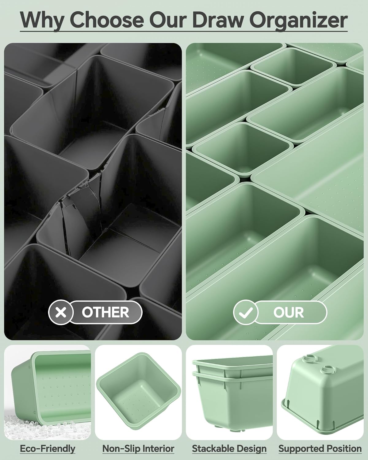 KEMETHY 25 PCS Plastic Drawer Organizers Set, 4 Sizes Vanity Organizer, Makeup and Desk Drawer Organizer Trays, Organization and Storage for Makeup, Bathroom, Kitchen Utensils and Office (Black)