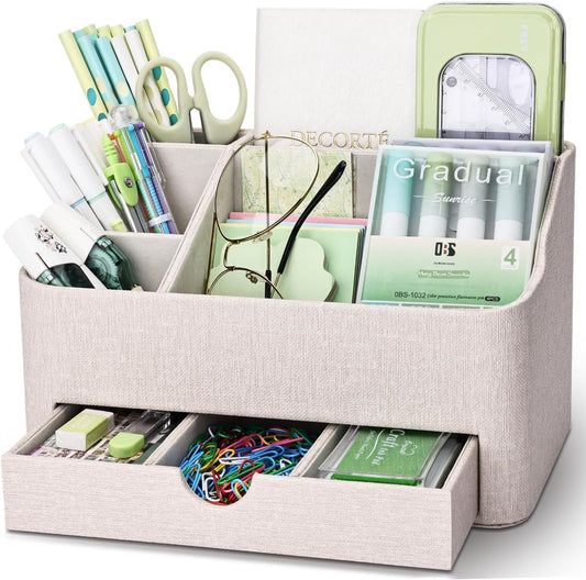 KINGFOM Desk Organizer with Drawer, Multifunction Pencil Holder for Desk, Desk Organizer and Accessories 5 Compartments for Home Office Supplies (Black)