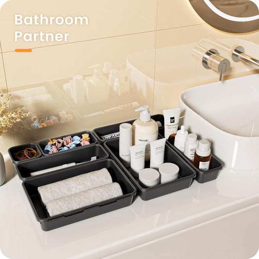 A-LuGei 【Military Grade】 Drawer Organizer, 【𝟱𝗦𝗶𝘇𝗲】 Makeup organizer, 【Holds 177 Items】 Bathroom Organizers and Storage, Organization and Storage, Desk Drawer Organizer for Vanity (Clear)
