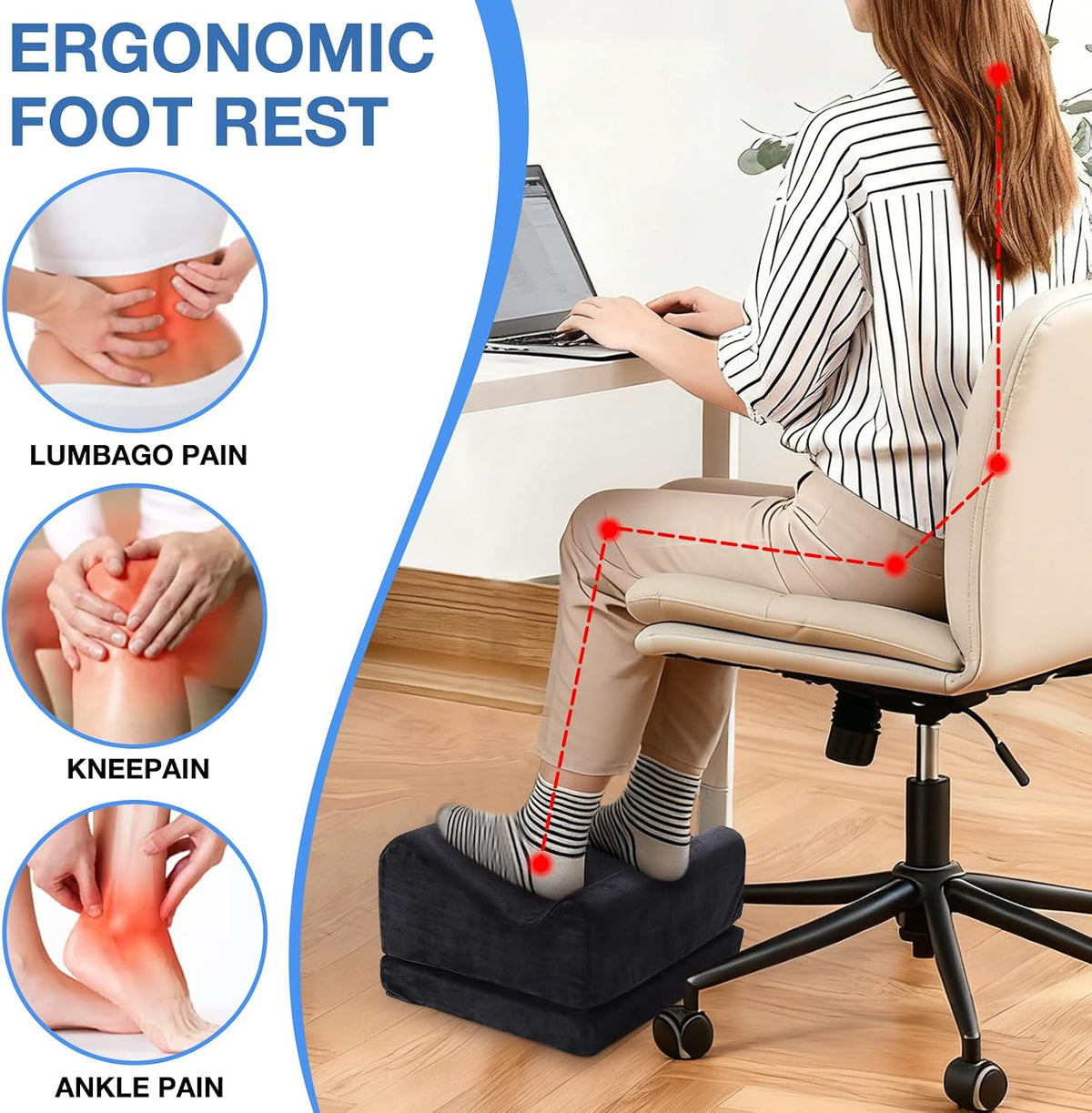 Ergonomic Foot Rest for Under Desk at Work, Multi-Angle Adjustable Height Under Desk Footrest for Office Gaming Chair, High-Density Foam Footstool Leg Elevation Pillow for Back Hip Knee Pain Relief