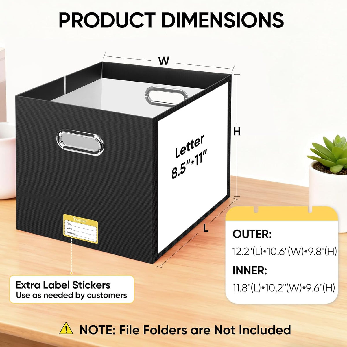 BALEINE File Organizer Box, Cardboard File Folder Organizer with Handle for Letter Size, Portable Collapsible Hanging Filing Box for Home Office Document Storage (2 Pack, Black)