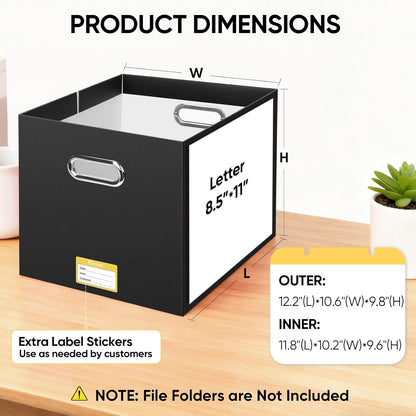 BALEINE File Organizer Box, Cardboard File Folder Organizer with Handle for Letter Size, Portable Collapsible Hanging Filing Box for Home Office Document Storage (2 Pack, Black)