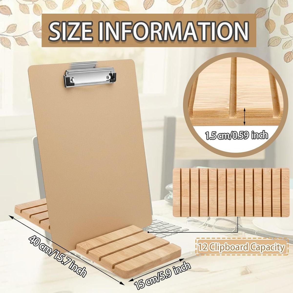 Bamboo Clipboard Holder, 12 Slots Clipboard Organizer, Storage Rack, Document Typing Paper Stand, Receipt Holder, Menu Display Receipt, for Office School Teacher No Assembly Required, 5.9x15.7''