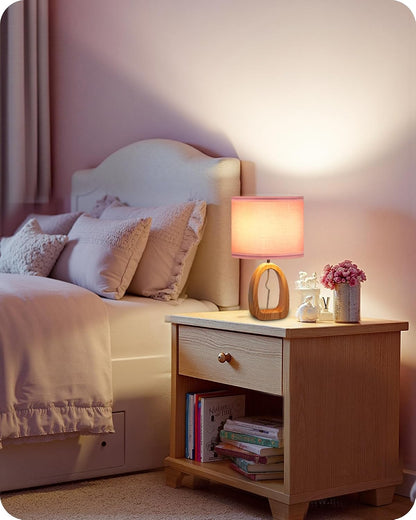 Small Table Lamp, 14.2" Cute Little Desk Lamp, Wood Bedside Lamp with Linen Lampshade, Modern Nightstand Lamp for Bedroom, E26 Base, Bulb Not Included, Beige and Dark Natural LE07TL05