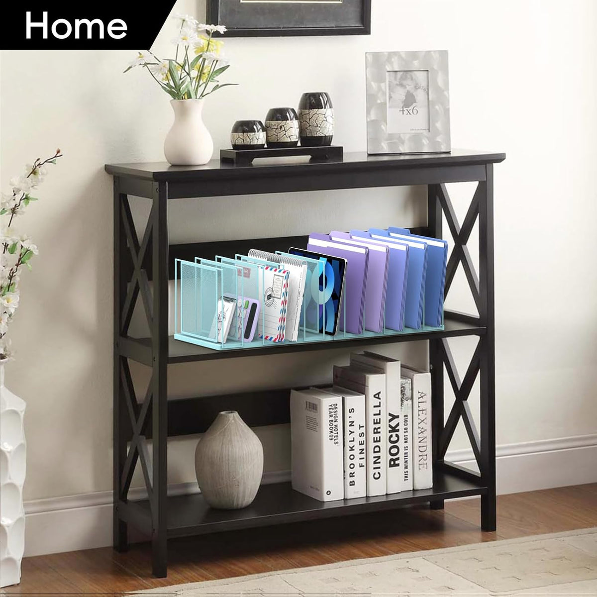 File Organizer for Desk, 5-Section Vertical File Sorter, Paper Holder Organizer Standing Metal File Folder for Office Home Classroom, Black