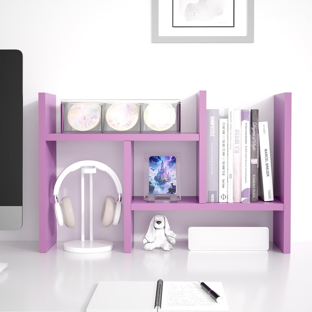 Jerry & Maggie Desktop Organizer Office Storage Rack Adjustable Wood Display Shelf Free Style Double H, Multi-Functional Mini Bookshelf for Desk Natural Stand (White)