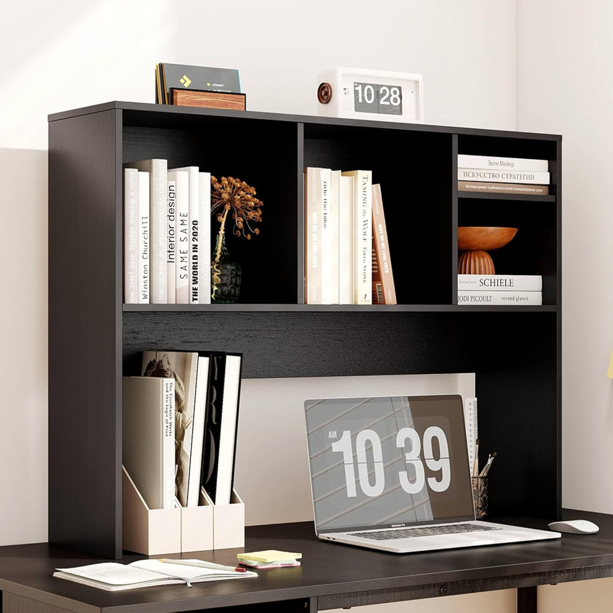 Desktop Bookshelf, Countertop Storage Hutch with 5 Shelves for Computer Desk, Desk 3-Tier Display Rack, Multipurpose Wood Desktop Hutch Storage Organizer for Dorm Office Home
