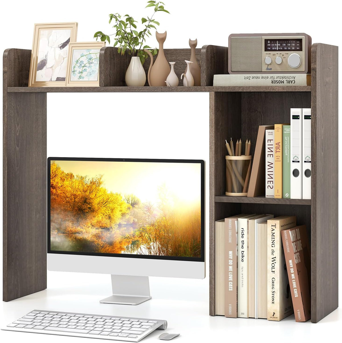 Desktop Bookshelf, Countertop Storage Hutch with 5 Shelves for Computer Desk, Desk 3-Tier Display Rack, Multipurpose Wood Desktop Hutch Storage Organizer for Dorm Office Home