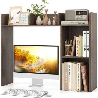 Desktop Bookshelf, Countertop Storage Hutch with 5 Shelves for Computer Desk, Desk 3-Tier Display Rack, Multipurpose Wood Desktop Hutch Storage Organizer for Dorm Office Home
