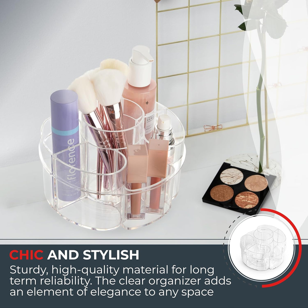 Masirs 360 Rotating Makeup Organizer Countertop - Adjustable Shelf Height - The Perfect Round Spinning Cosmetic Organizer for Bedroom Dresser or Vanity Countertop Storage (Clear)