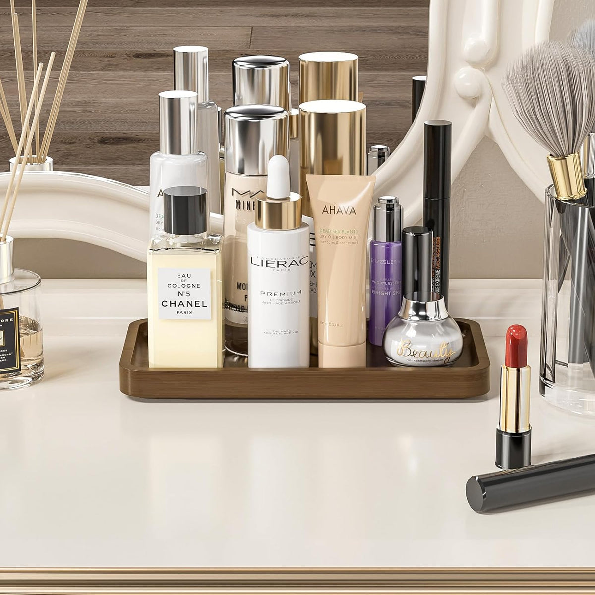 Small Bathroom Vanity Tray for Countertop Makeup Perfume Jewelry Decor Candle Keys, Small Black Kitchen Tray for Soap Dispenser Spice Bamboo Toilet Tray 7.9" L x 4" W x 0.79" H