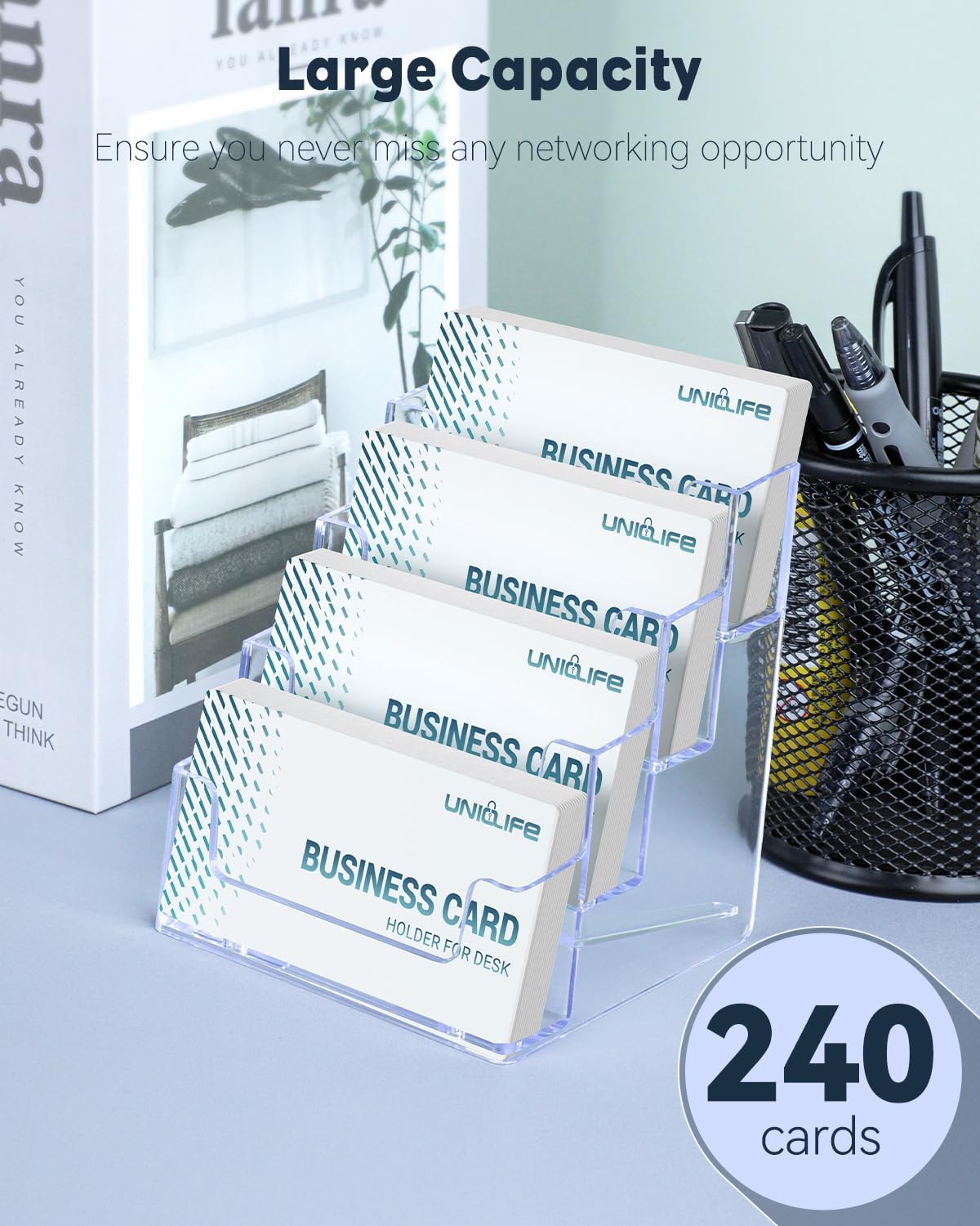 Uniclife Acrylic Business Card Holder for Desk 1 Slot Clear Business Card Display Stand for Men & Women Desktop Business Card Organizer Card Stand for Office Home Exhibition, 60 Card Capacity