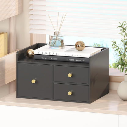 Bamboo Desk Organizer with Drawers Wooden Desktop Storage Drawers (1, Black 3 Drawer)