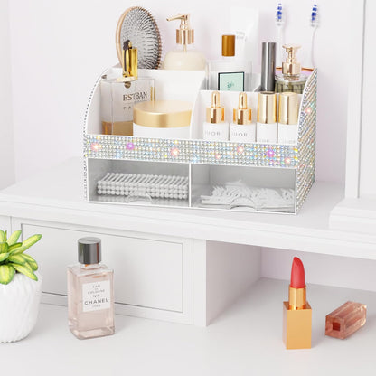 Makeup Organizer with Drawers, Cosmetic Storage for Dresser Vanity and Bathroom Countertop, Beauty Holder for Lipstick Brush, Skincare Organizer for Vanity, Cosmetic Display Case (White)
