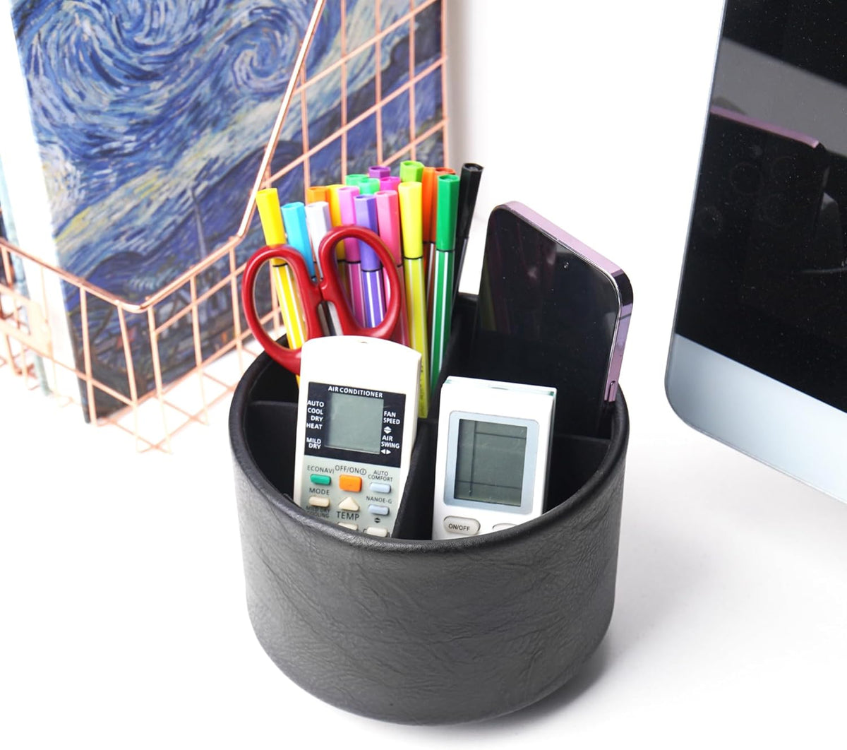 Round Leather Art Supply Organizer,Remote Control Holder,360 Degree Rotating,Multi-Functional Pencil Holder,4 Compartments Desktop Stationary Organizer(1-Blue Bird) - Colors A