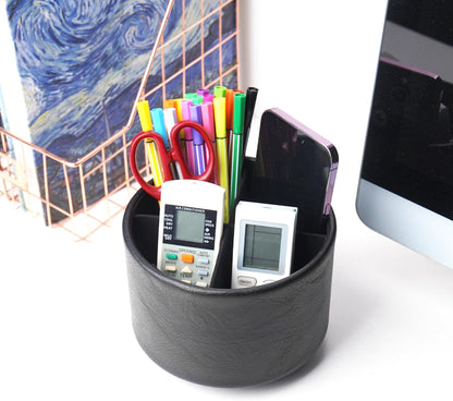 Round Leather Art Supply Organizer,Remote Control Holder,360 Degree Rotating,Multi-Functional Pencil Holder,4 Compartments Desktop Stationary Organizer(1-Blue Bird) - Colors A
