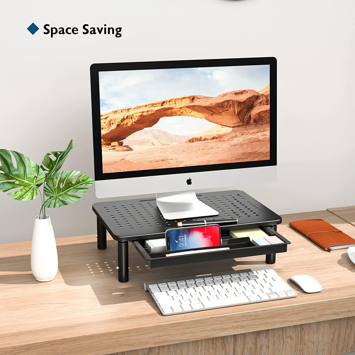 BONTEC Adjustable Monitor Stand Riser with Drawer, Ergonomic Mesh Platform Computer Monitor Stand for Desk, Ventilated Laptop and PC Stand with Cable Management, Supports up to 44lbs