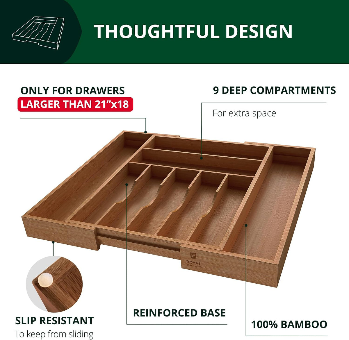 ROYAL CRAFT WOOD Luxury Bamboo Kitchen Drawer Organizer - Silverware Organizer, Utensil Holder & Cutlery Tray Drawer Dividers for Flatware (9 Slot, Natural)