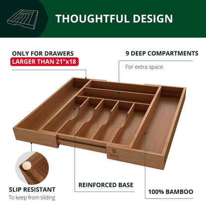 ROYAL CRAFT WOOD Luxury Bamboo Kitchen Drawer Organizer - Silverware Organizer, Utensil Holder & Cutlery Tray Drawer Dividers for Flatware (9 Slot, Natural)