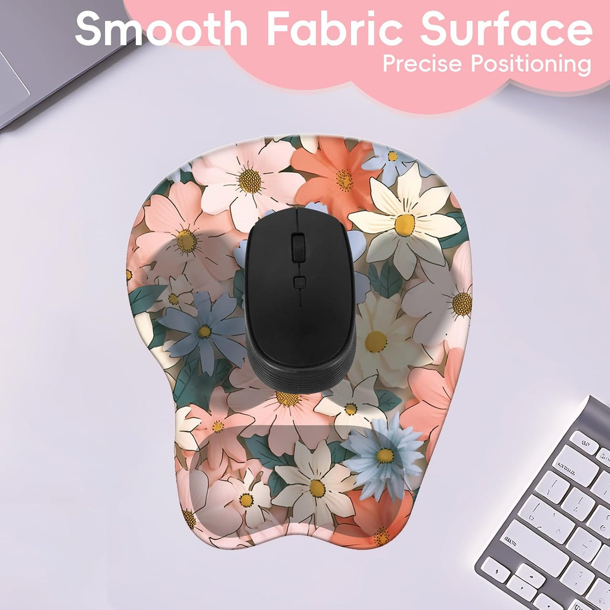 Wrist Support Mouse Pad Anti Slip Rubber Wrist Rest Mousepad 9in X 8in Small Desktop Notebook Mouse Mat for Working and Gaming (M-Pink Floral)
