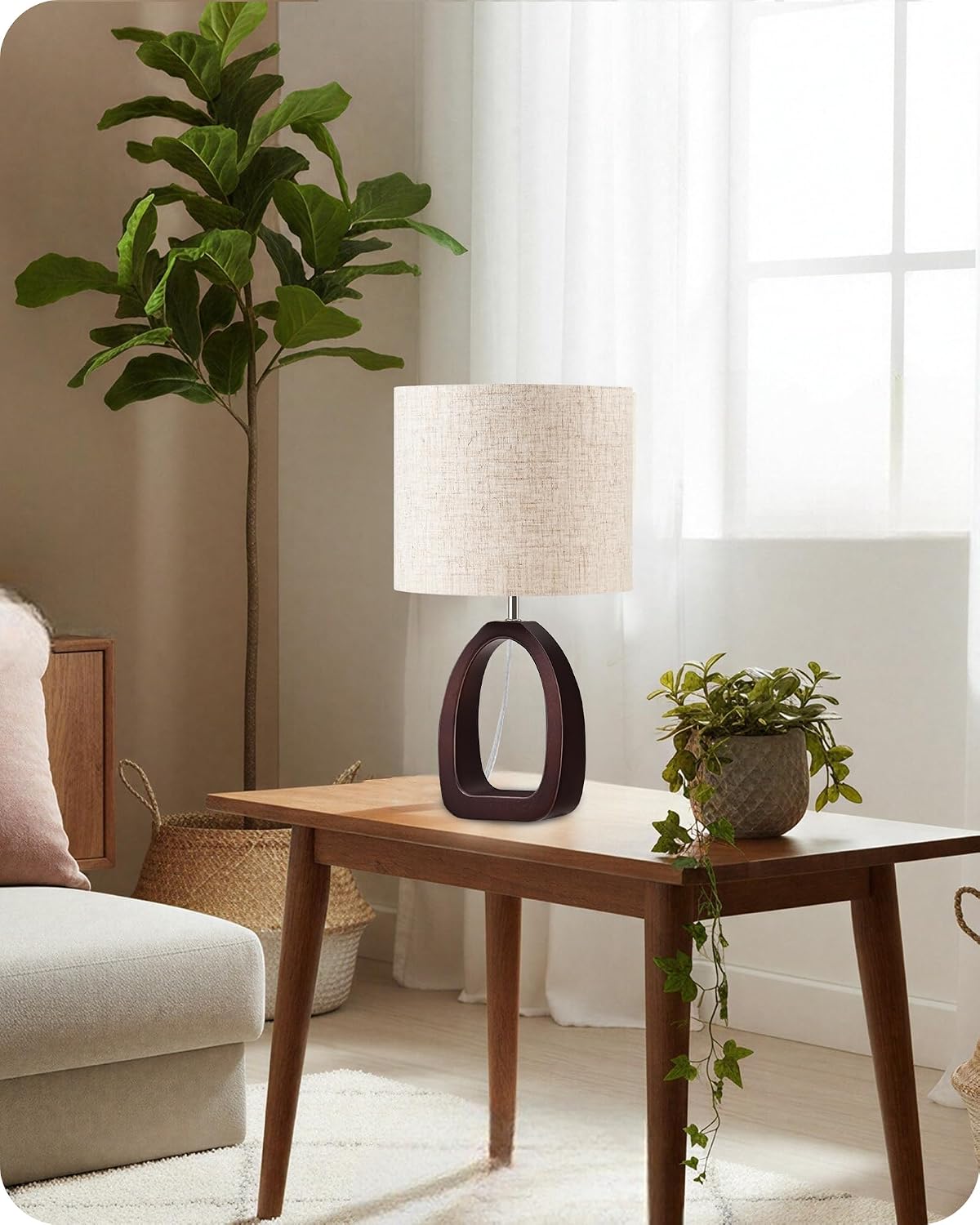 Small Table Lamp, 14.2" Cute Little Desk Lamp, Wood Bedside Lamp with Linen Lampshade, Modern Nightstand Lamp for Bedroom, E26 Base, Bulb Not Included, Beige and Dark Natural LE07TL05