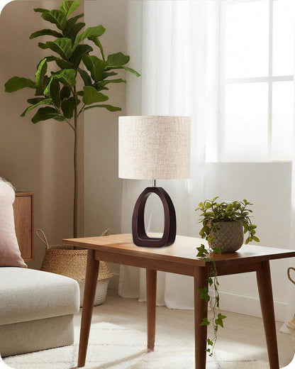 Small Table Lamp, 14.2" Cute Little Desk Lamp, Wood Bedside Lamp with Linen Lampshade, Modern Nightstand Lamp for Bedroom, E26 Base, Bulb Not Included, Beige and Dark Natural LE07TL05