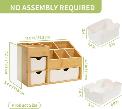 Bamboo Vanity Organizers with 3 Drawer, Mini Desk Organizer for Home, 3-tier Study/Office Organizer Rack, Adjustable 5 Compartment Makeup Display Case, Dresser Storage for Lipstick, Jewelry, Nail Care