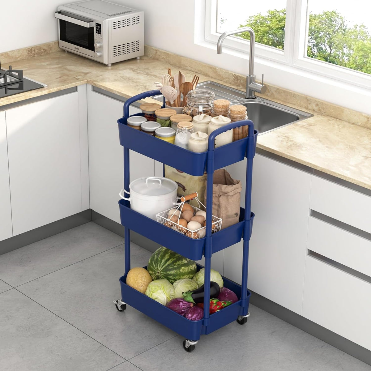 Sywhitta 3-Tier Plastic Rolling Utility Cart with Handle, Multi-Functional Storage Trolley for Office, Living Room, Kitchen, Movable Storage Organizer with Wheels, Black