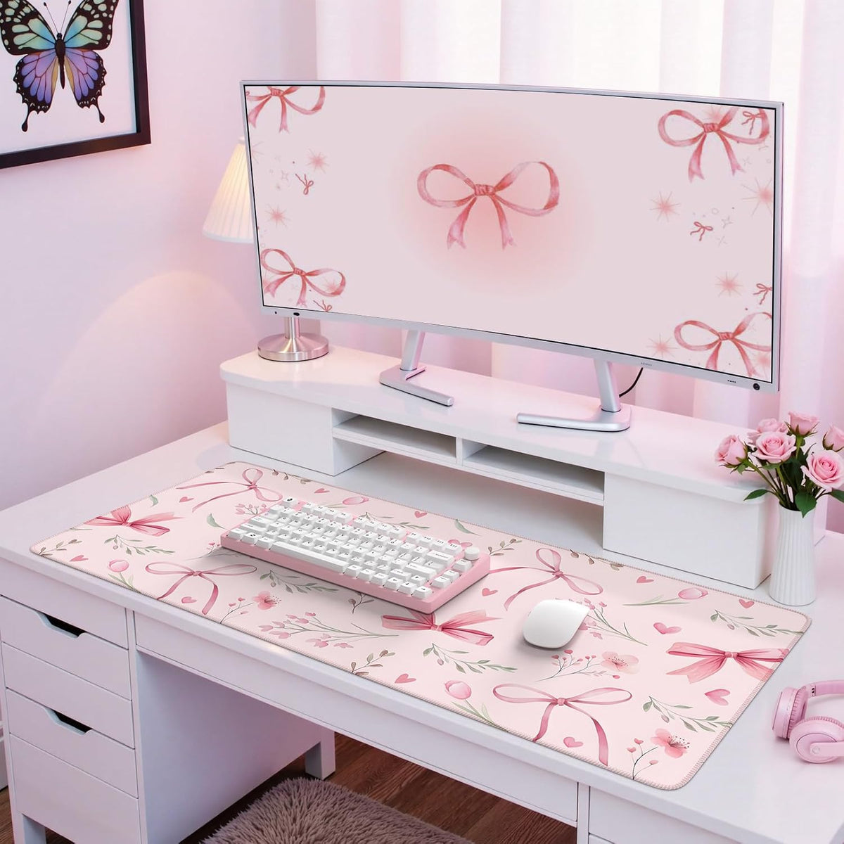 Desk Mat,Mouse Pad for Office Desk,35.4x15.7in,Pink Flowers