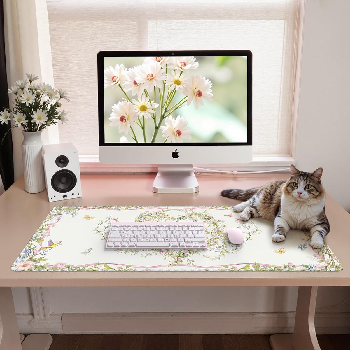 Desk Mat,Mouse Pad for Office Desk,35.4x15.7in,Pink Flowers