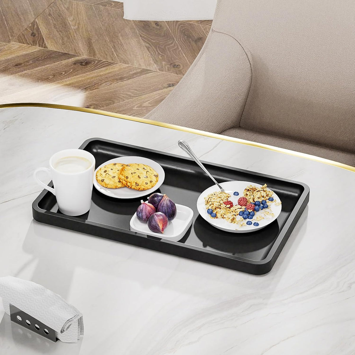 Small Bathroom Vanity Tray for Countertop Makeup Perfume Jewelry Decor Candle Keys, Small Black Kitchen Tray for Soap Dispenser Spice Bamboo Toilet Tray 7.9" L x 4" W x 0.79" H