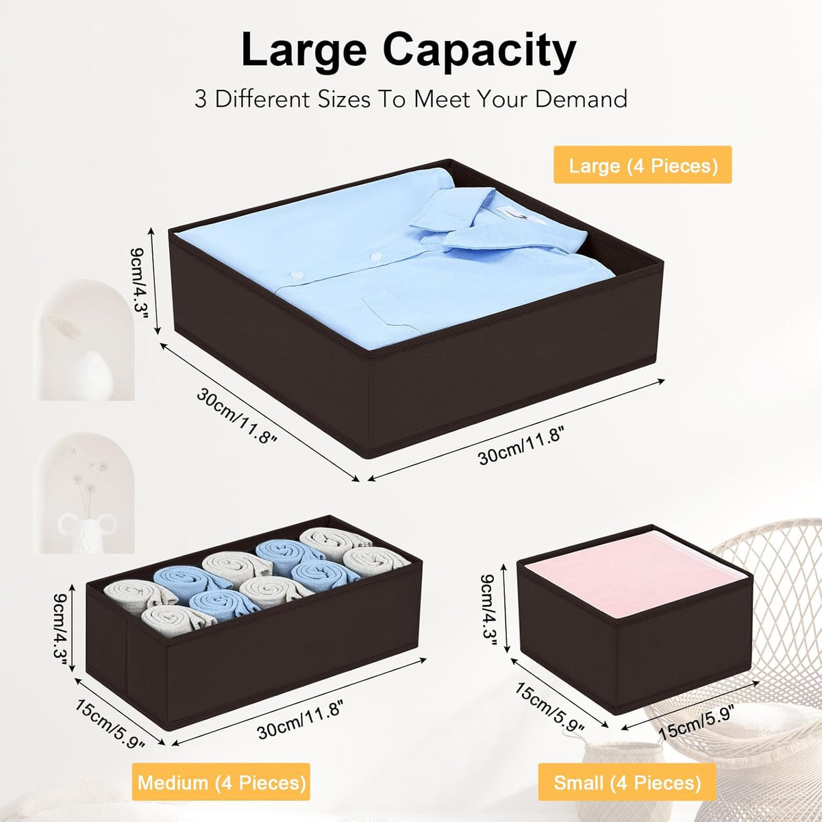 Drawer Organizer Clothes, Dresser Organizer, Foldable Closet Organizers and Storage, Fabric Dresser Bins, Drawer Dividers for Nursery, Baby Clothes, Underwears, Sock (Beige)