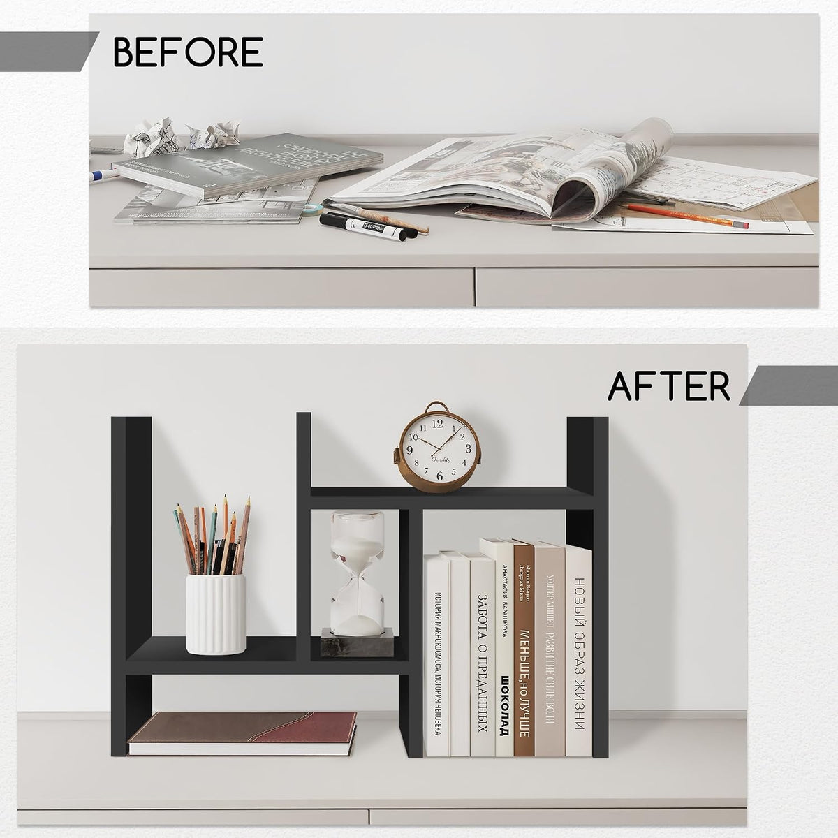 Jerry & Maggie Desktop Organizer Office Storage Rack Adjustable Wood Display Shelf Free Style Double H, Multi-Functional Mini Bookshelf for Desk Natural Stand (White)