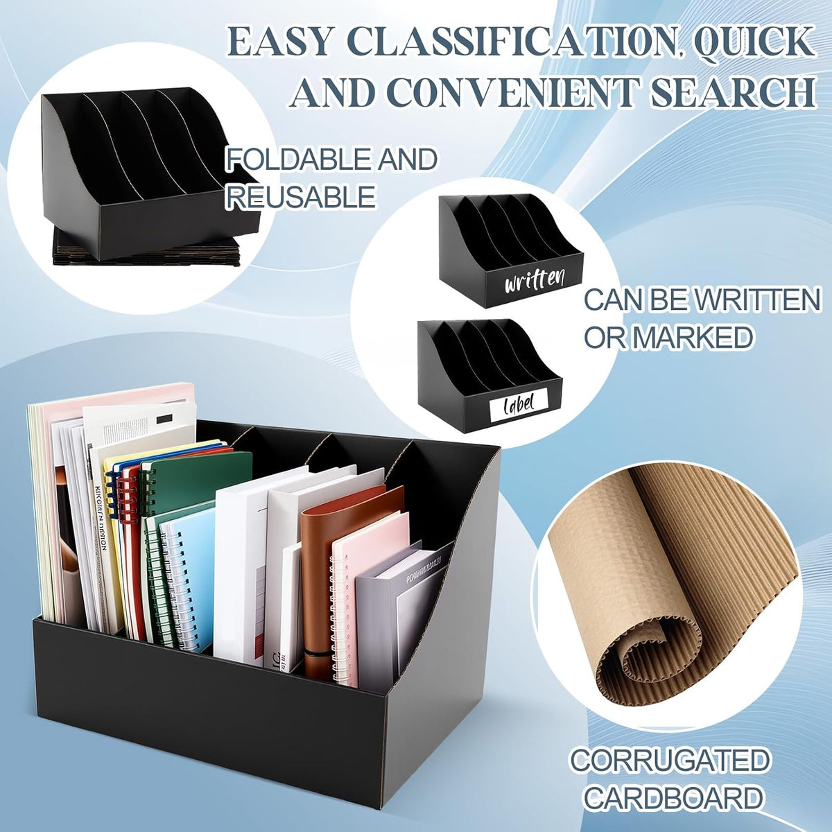 3 Pack Cardboard Magazine File Holders 12 Grids Vertical Book Bins 10.6'' x 10.2'' x 14'' Magazine Document Storage Box for Desk Shelves Home Office Classroom Library Use (White)