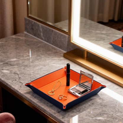 Valet Tray Desktop Storage Organizer – Vegan Leather Catchall Bedside Vanity Tray Nightstand Caddy Holder for Remote Controller, Watch, Keys, Phone, Wallet, Coin, Jewelry (Orange/Black)