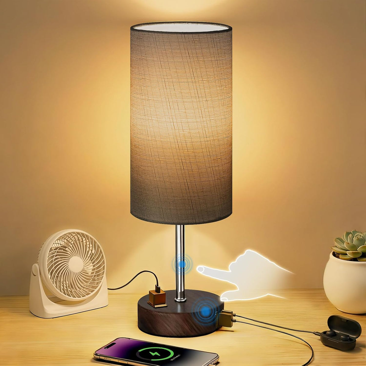 Table Lamp for Nightstand, High-Sensitivity Touch, 3-Level Dimmable Bedside Lamp with AC Outlet | USB | and USB-C, Ideal Night Stand Lamp for Bedroom, Reading, Living Room(Warm&Wooden)